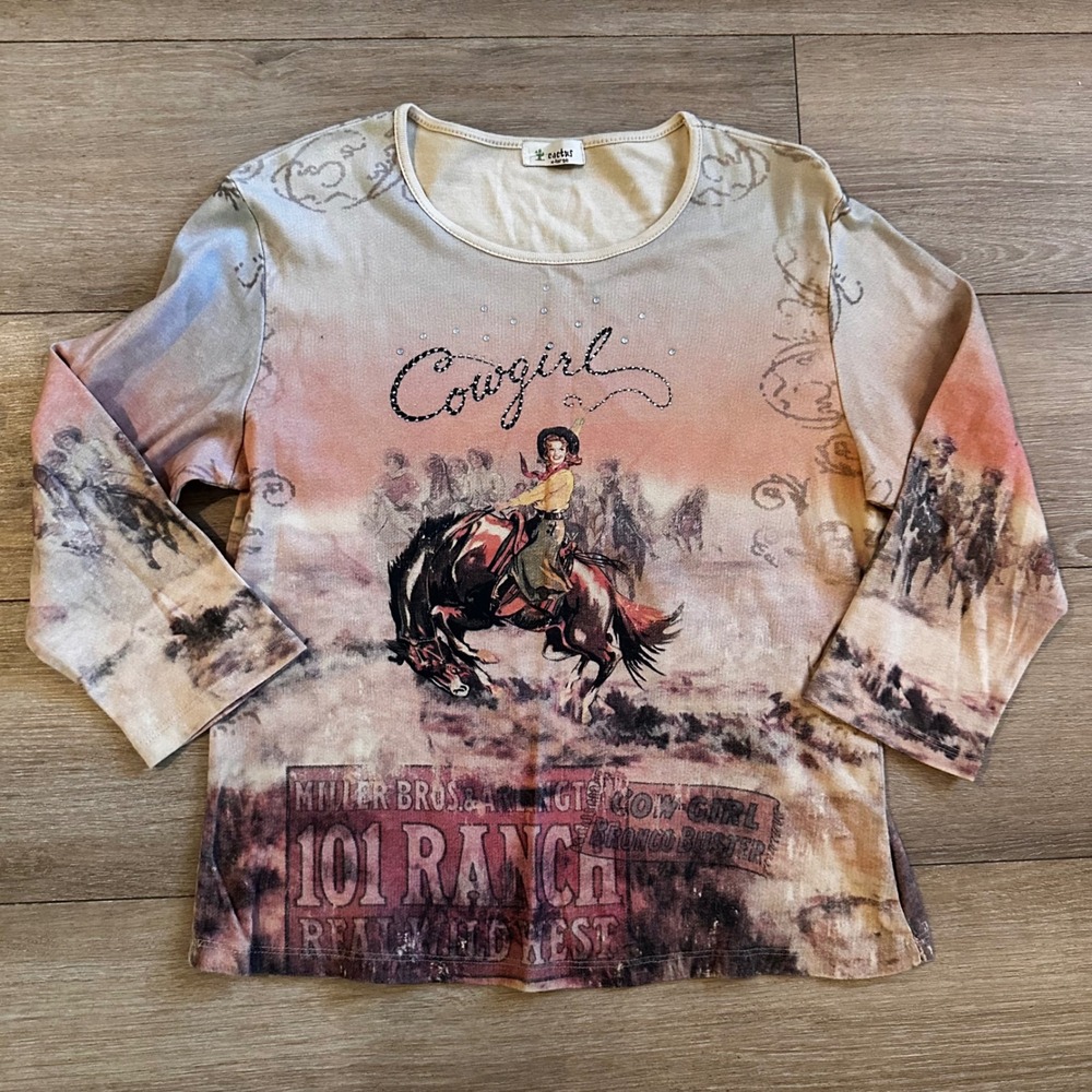 Cactus Cowgirl 101 Ranch Western Graphic Top Rhinestone Cotton XL Made in USA